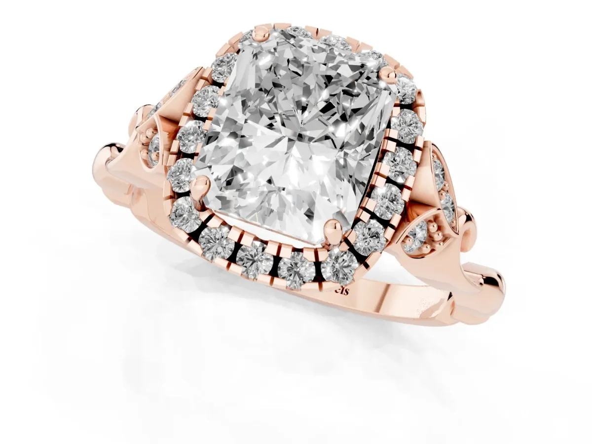 Radiant Cut Halo Diamond Engagement Ring with Vintage-Inspired Band and Four-Prong Setting Rose gold