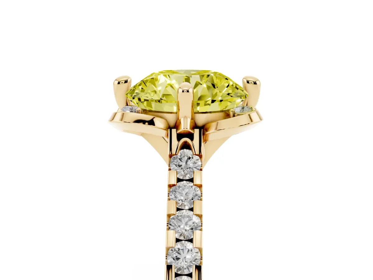 Fancy Yellow Round Cut Diamond Ring with Pavé Band and Floral Prong Setting Yellow gold