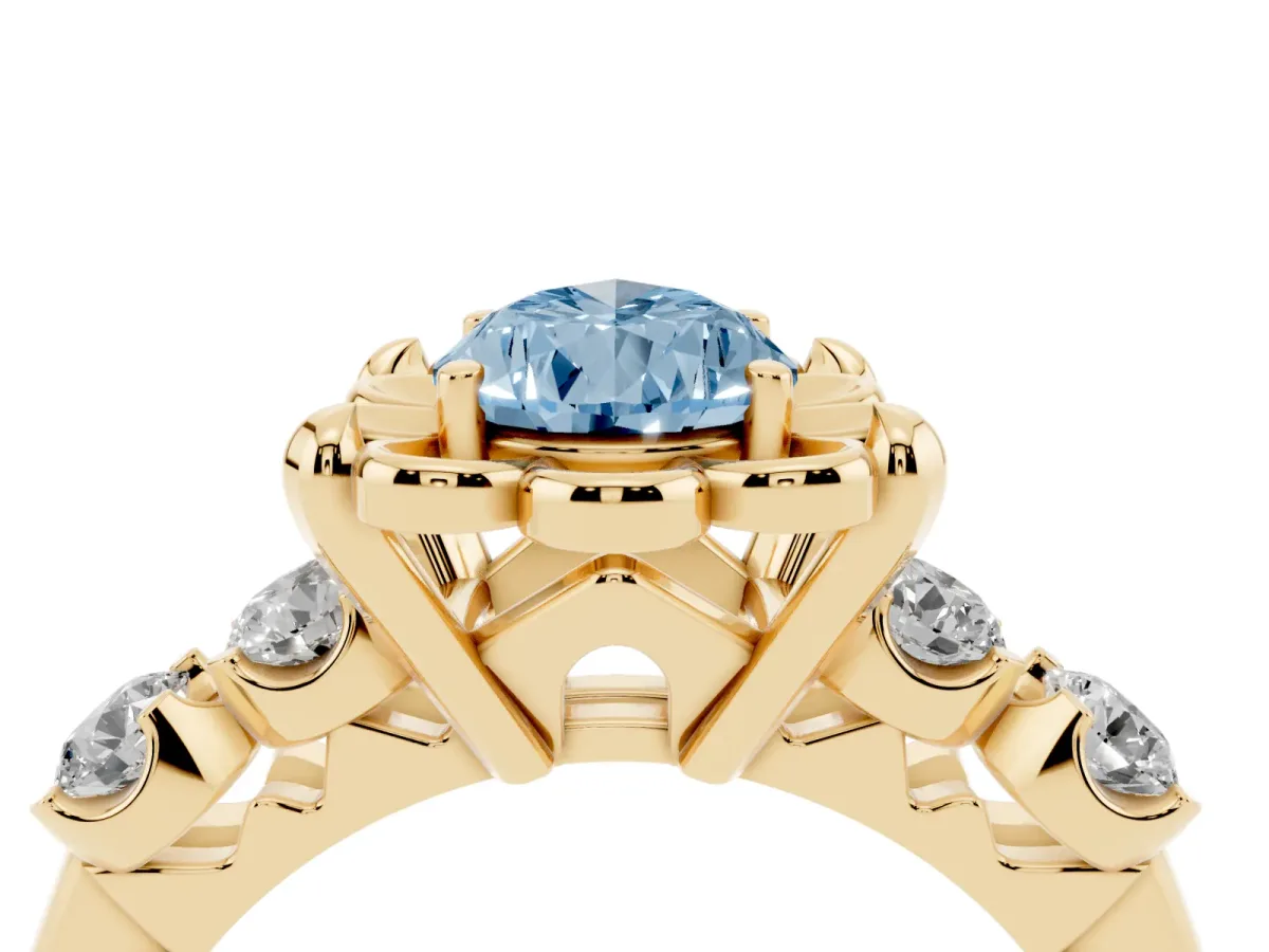 Fancy Blue Pear Cut Cut Diamond Floral Halo Engagement Ring with Shared Prong Setting Yellow gold