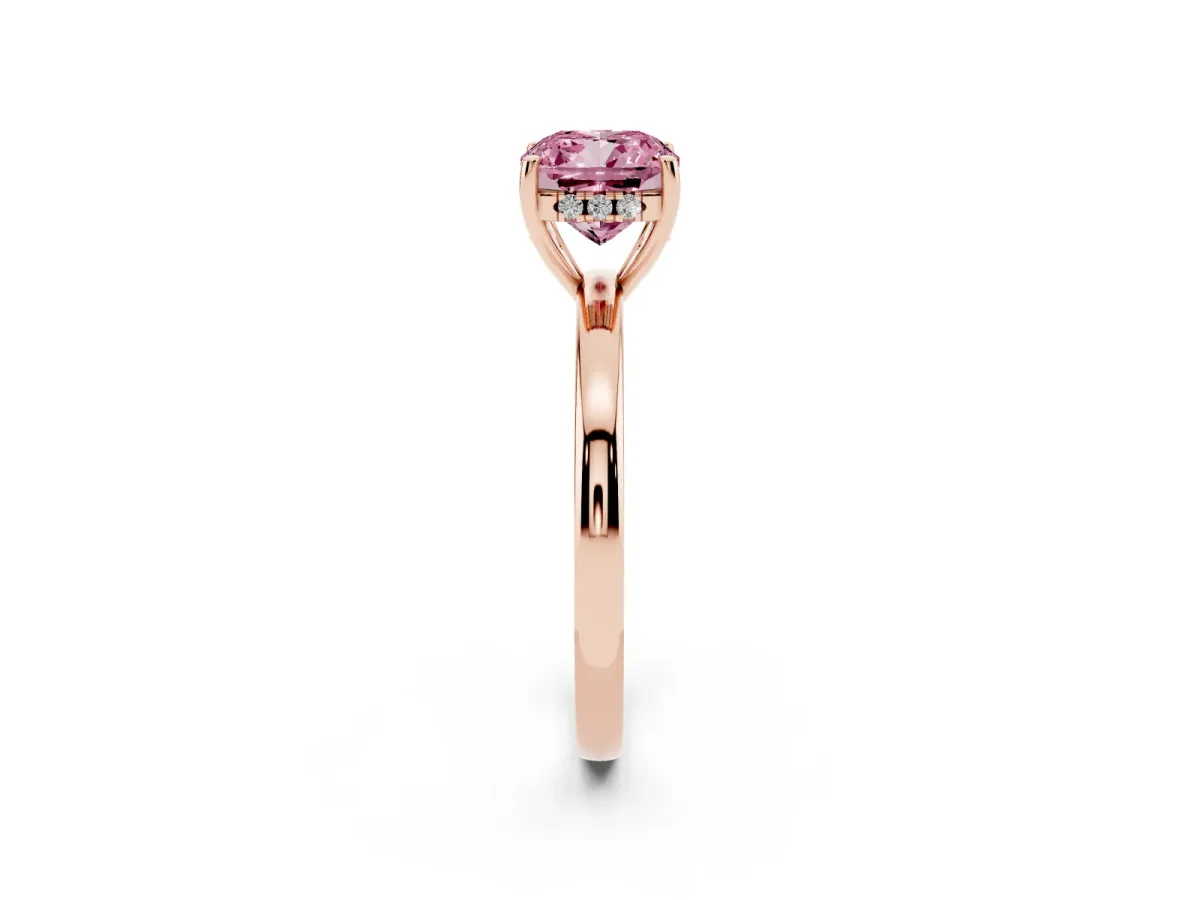 Fancy Pink Cushion Cut Solitaire Diamond Ring with Prong Setting and Plain Band Rose gold