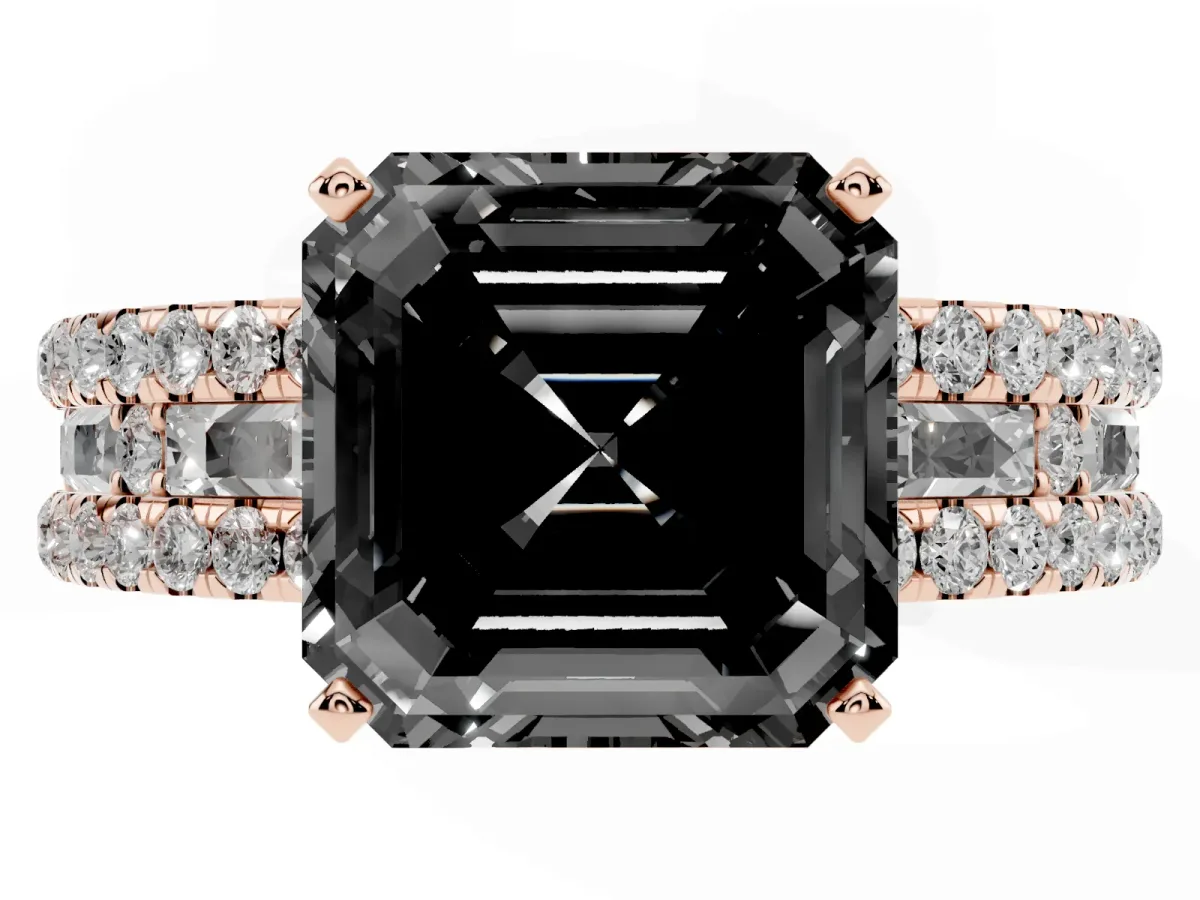 Fancy Black Asscher Cut Diamond Solitaire Ring with Pavé and Channel Set Band Rose gold