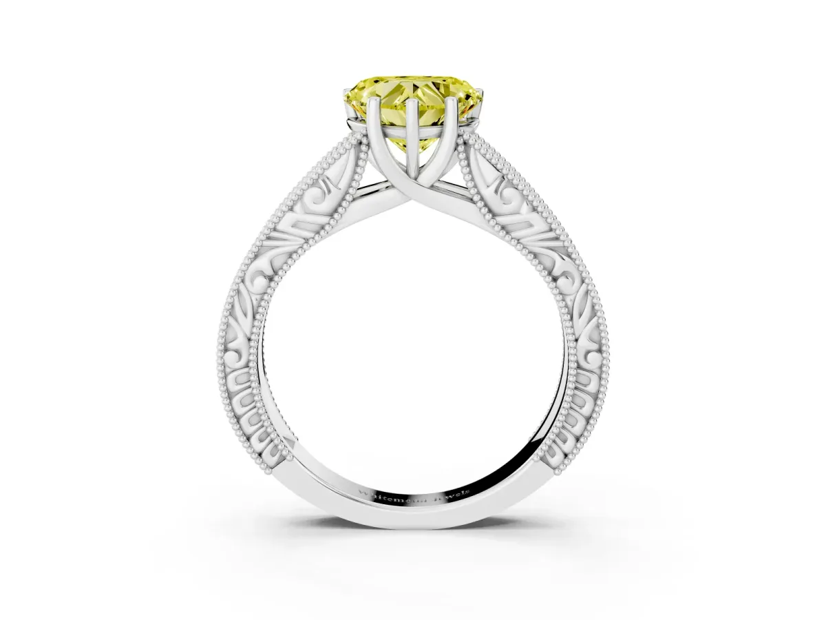 Fancy Yellow Heart Cut Diamond Solitaire Ring with Engraved Band and Four-Prong Setting White gold