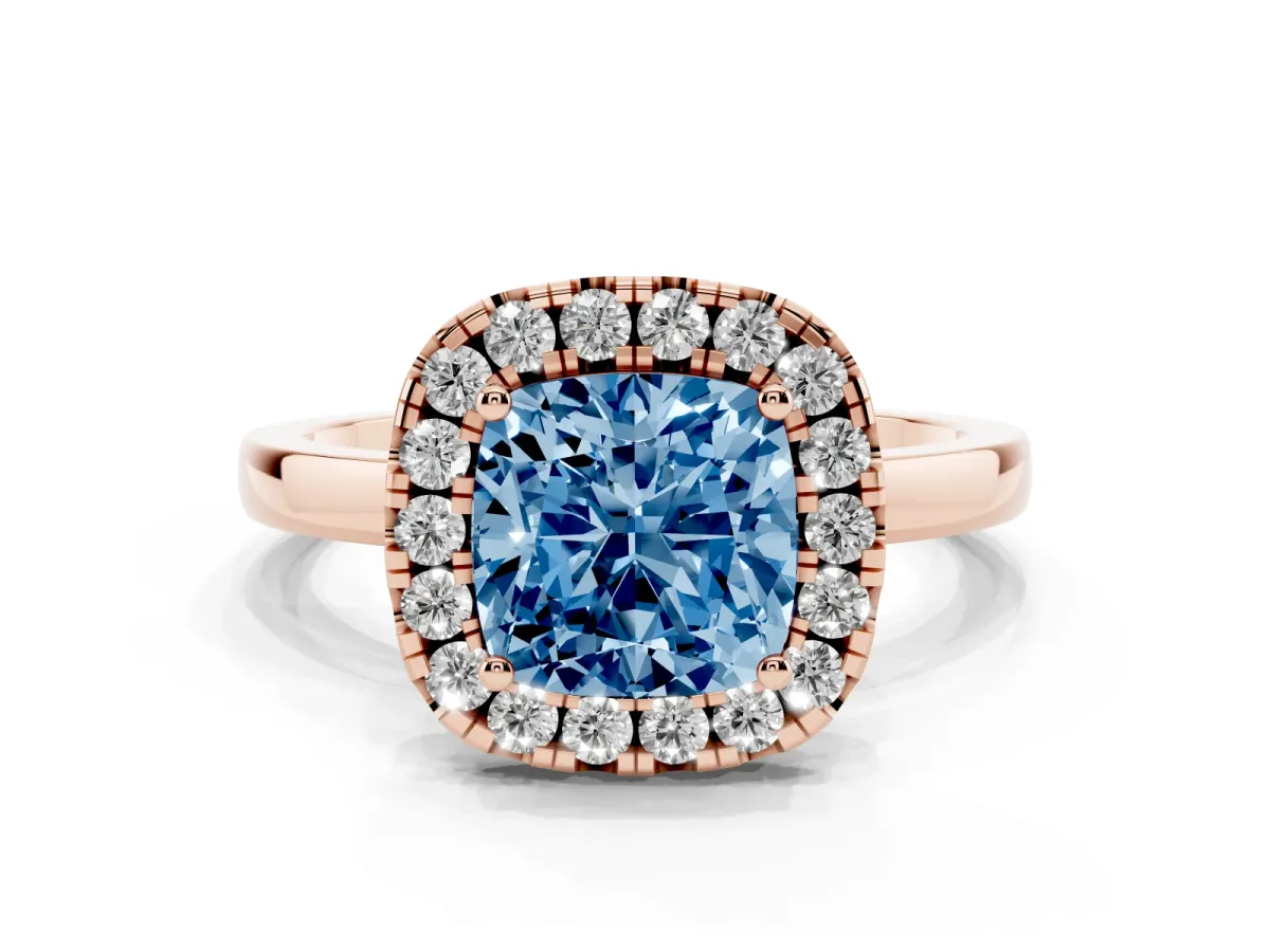 Fancy Blue Cushion Cut Halo Diamond Solitaire with Pavé Band and Four-Prong Setting Rose gold