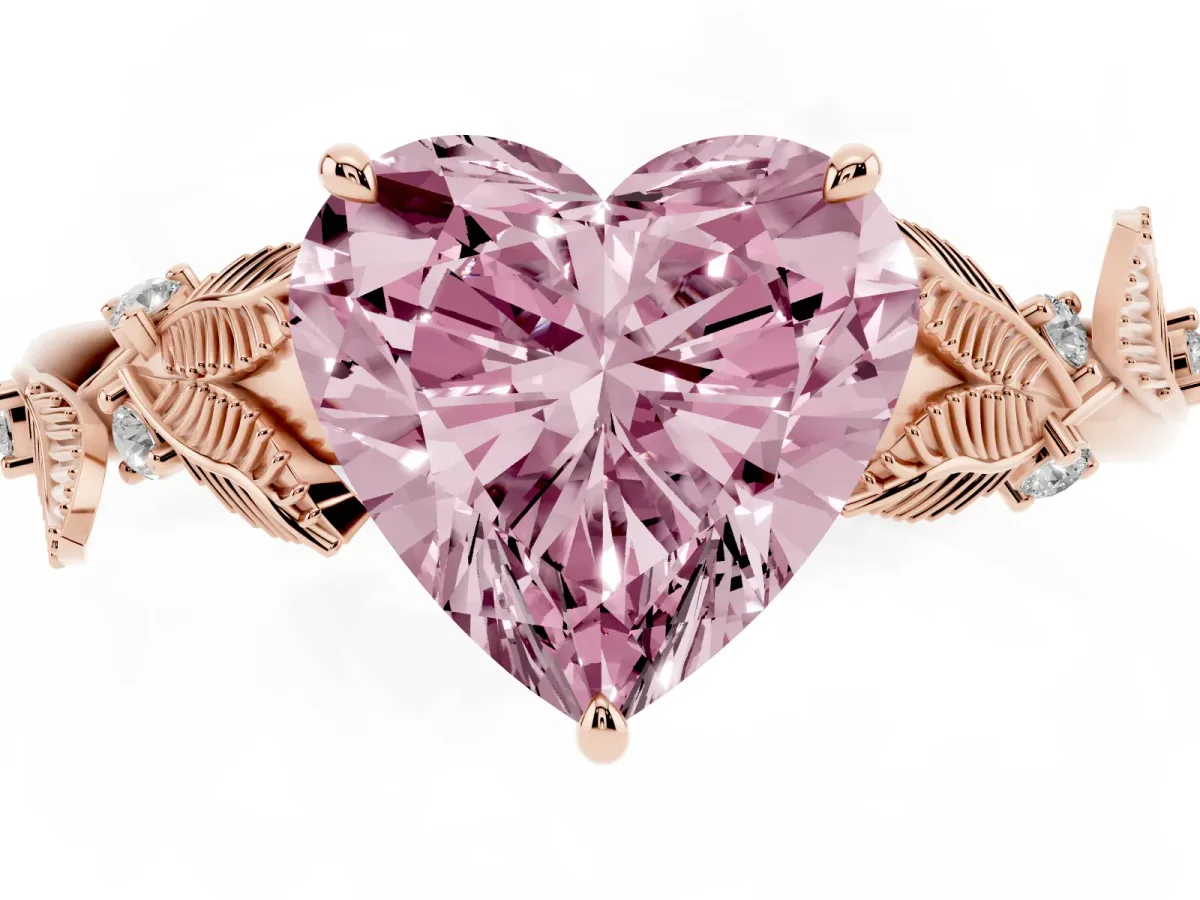 Fancy Pink Heart Cut Diamond Solitaire Ring with Leaf Motif Band and Four-Prong Setting Rose gold