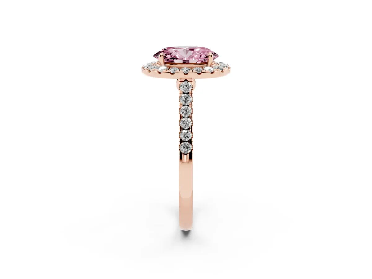 Fancy Pink Oval Cut Halo Pave Diamond Engagement Ring with Four-Prong Setting Rose gold