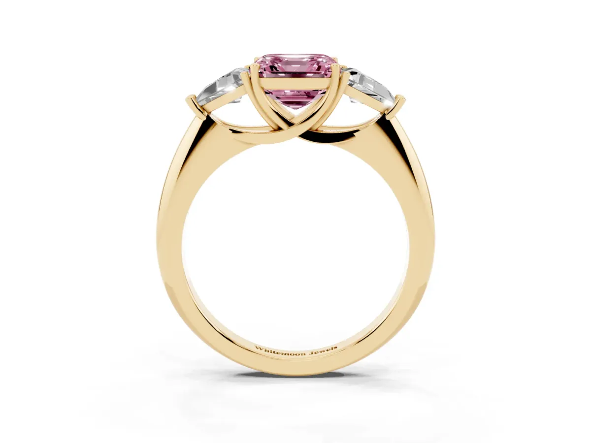 Fancy Pink Three-Stone Asscher Cut Diamond Engagement Ring with Trillion Side Stones and Prong Setting Yellow gold