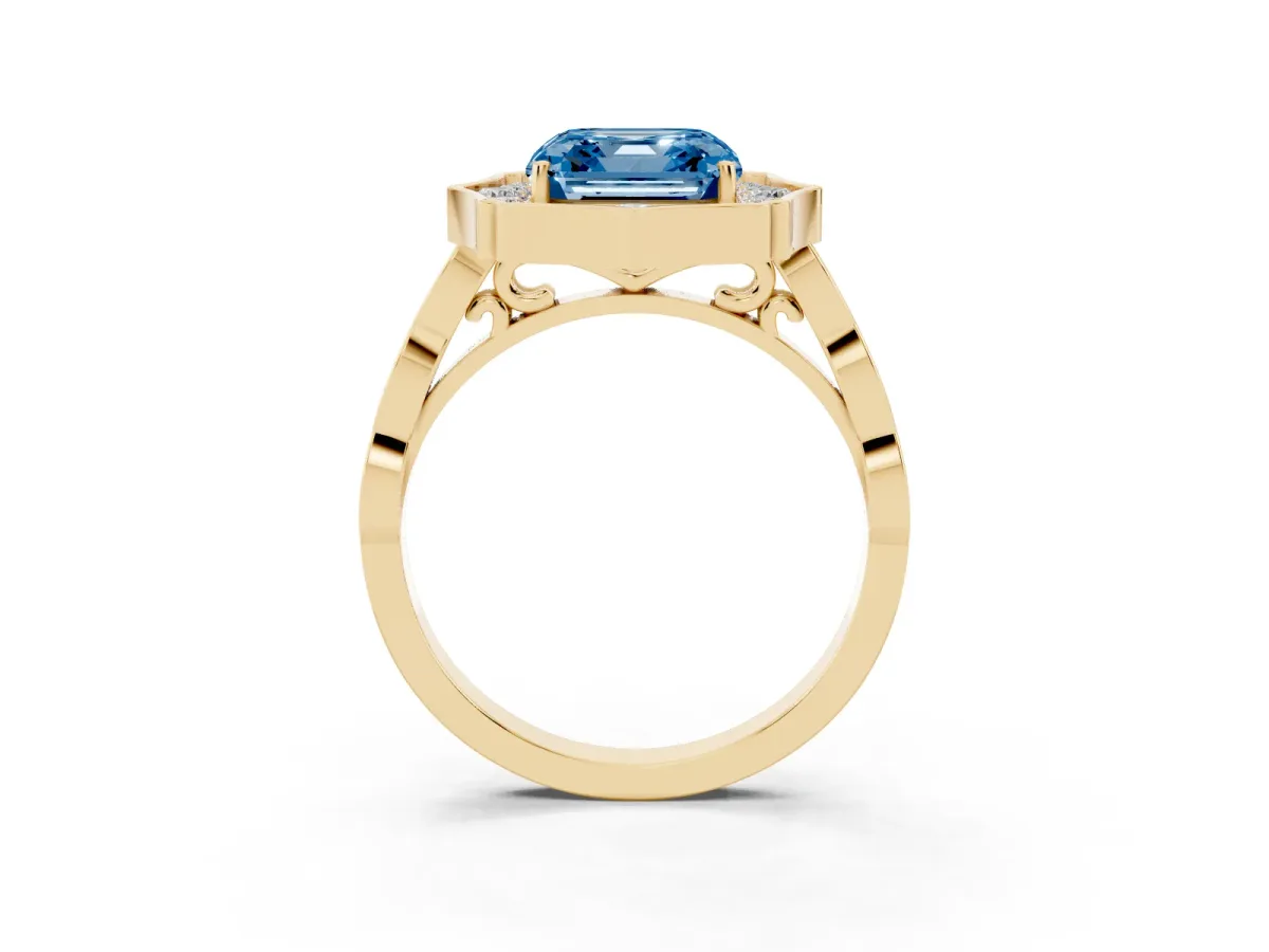 Fancy Blue Asscher Cut Halo Diamond Engagement Ring with Milgrain Band and Four-Prong Setting Yellow gold