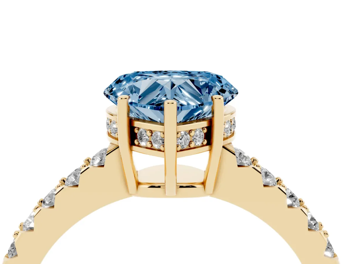 Fancy Blue Heart Cut Solitaire Diamond Engagement Ring with Pavé Band and Six-Prong Setting Yellow gold