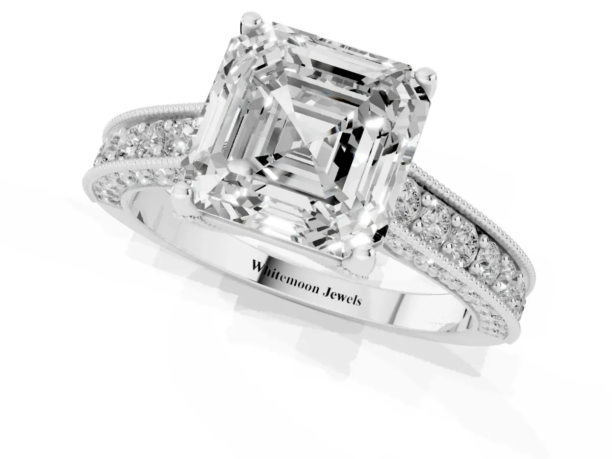 Asscher Cut Cut Diamond Solitaire Ring with Milgrain Pave Band and Four Prong Setting White gold