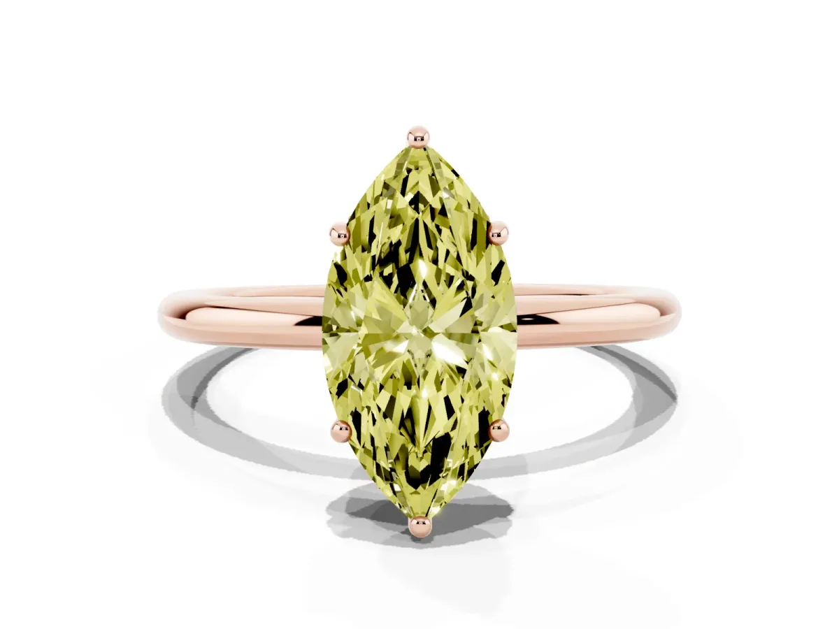Fancy Yellow Marquise Cut Solitaire Diamond Ring with a Classic Band and Four-Prong Setting Rose gold