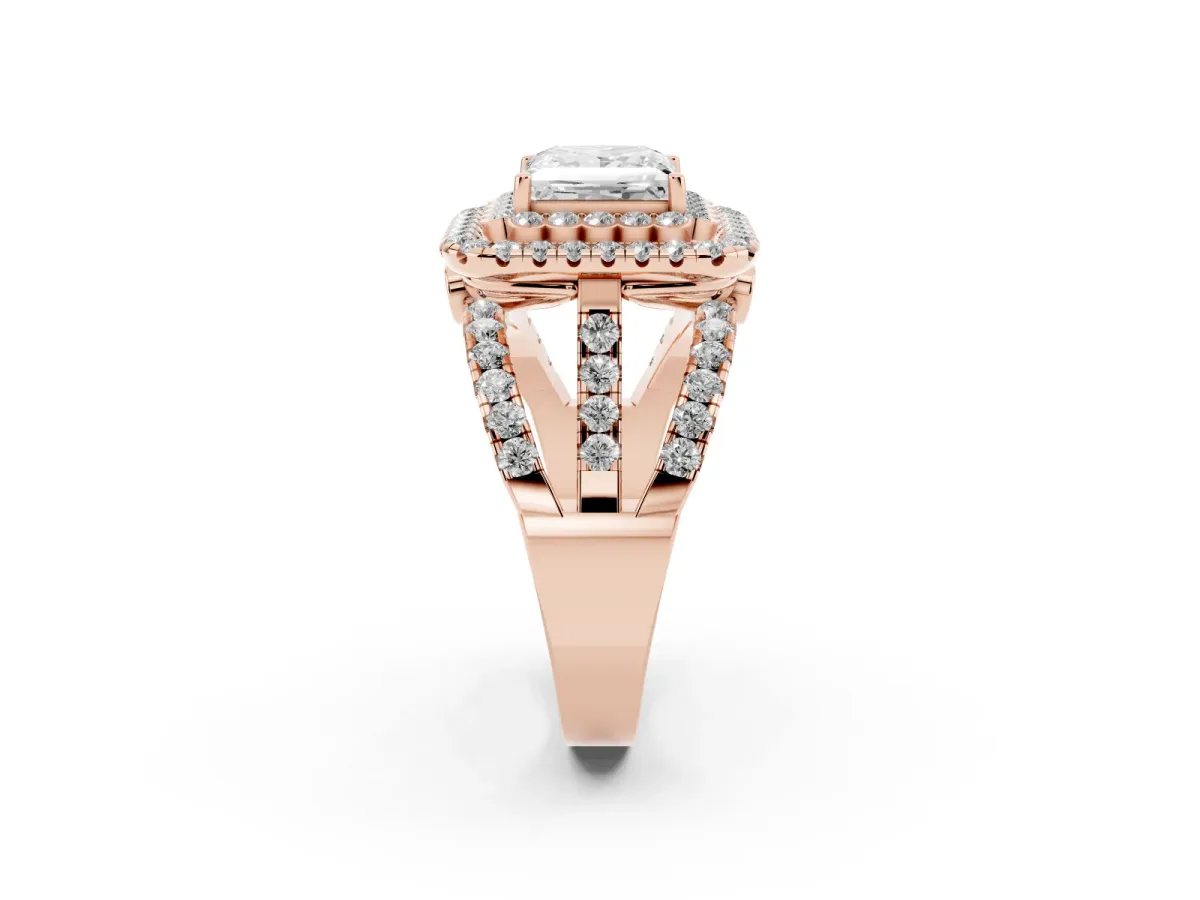 Princess Cut Diamond Double Halo Ring with Round Pavé Split Shank and Prong Setting Rose gold