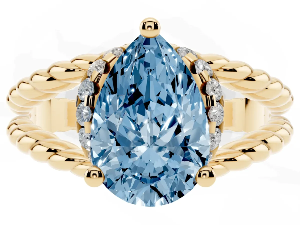 Fancy Blue Pear Cut Halo Twisted Band Four-Prong Ring Yellow gold