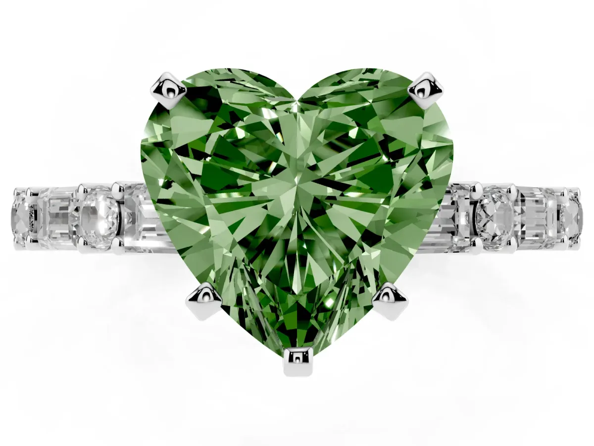 Fancy Green Heart Cut Diamond Solitaire with Side Baguettes and Channel Set Band White gold