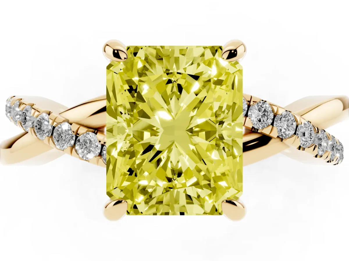Fancy Yellow Radiant Cut Cut Diamond Twist Band Solitaire with Prong Setting Yellow gold