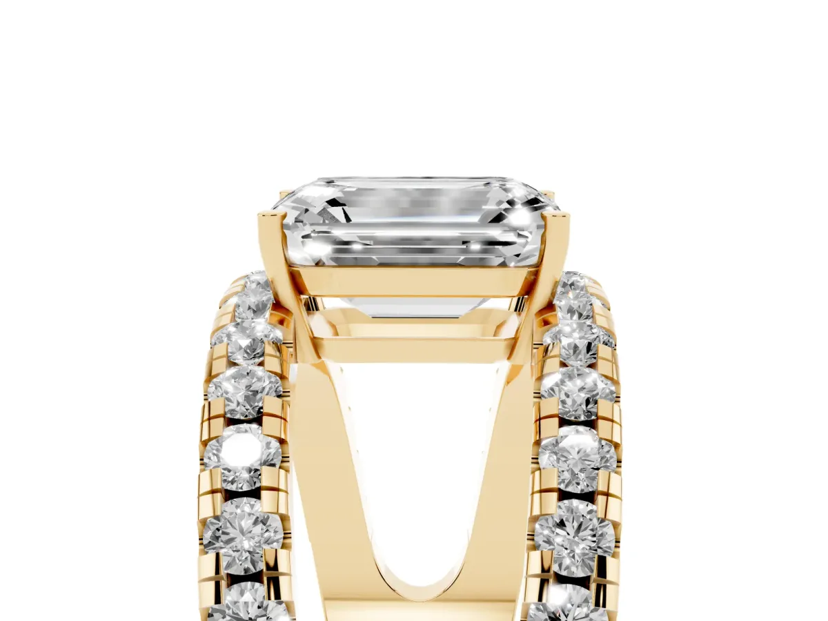 Emerald Cut Solitaire Split Shank Pave Diamond Ring Yellow gold