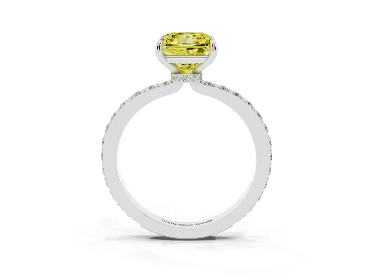 Fancy Yellow Princess Cut Diamond Pavé Engagement Ring with Round Accents and Prong Setting Silver