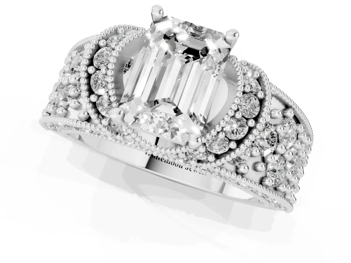 Emerald Cut Halo Pave Diamond Engagement Ring with Milgrain Detailing Platinum