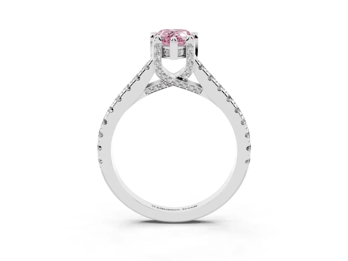 Fancy Pink Pear Cut Brilliant Diamond Solitaire with Pavé Band and Four-Prong Setting Silver