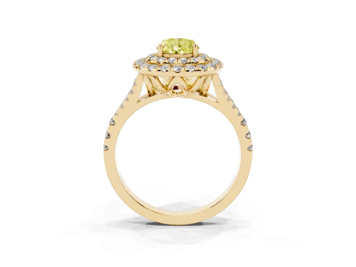 Fancy Yellow Double Halo Pear Cut Diamond Pavé Split Shank Ring with Prong Setting Yellow gold