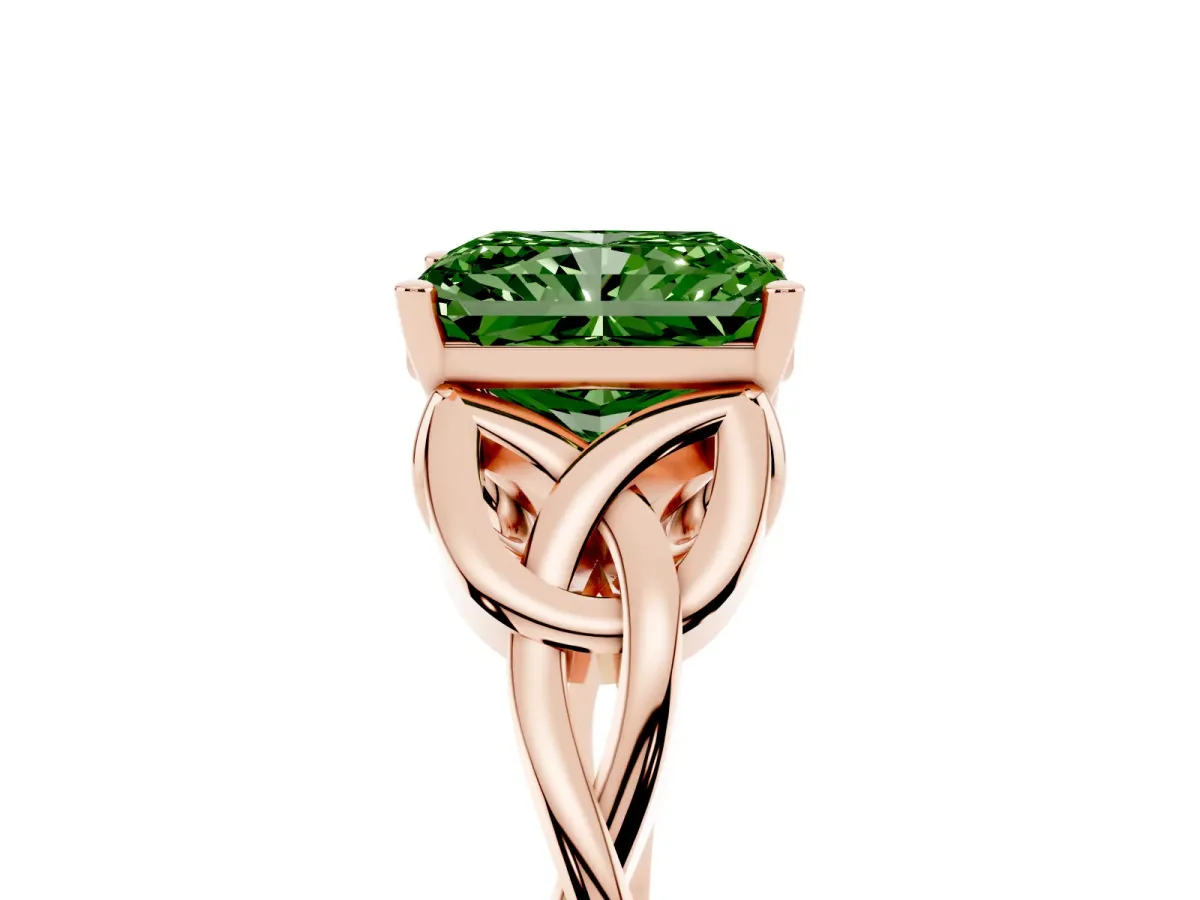 Fancy Green Radiant Cut Diamond Solitaire Engagement Ring with Celtic Knot Band and Four-Prong Setting Rose gold