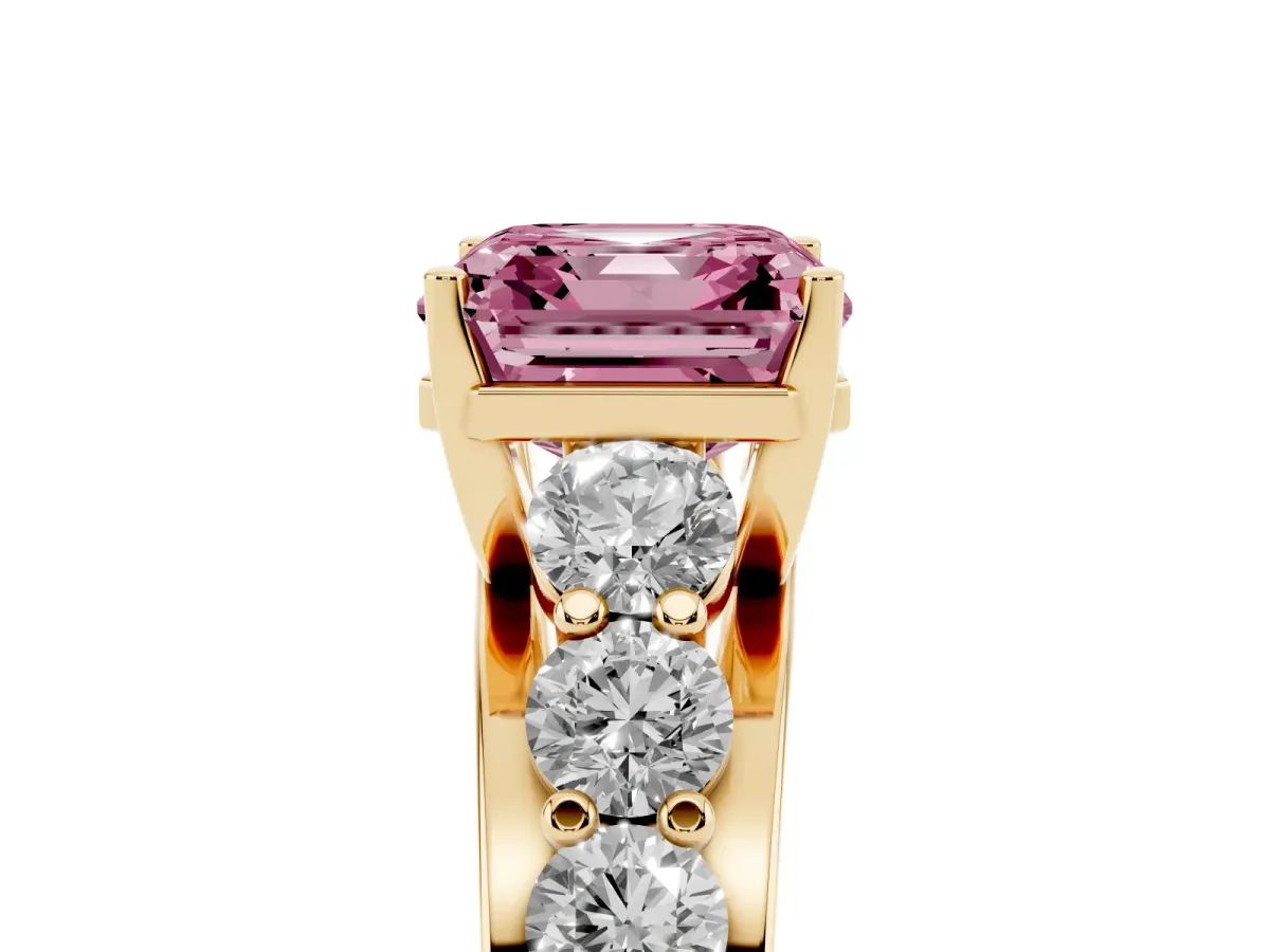 Fancy Pink Asscher Cut Diamond Engagement Ring with Pavé Band and Four-Prong Setting Yellow gold