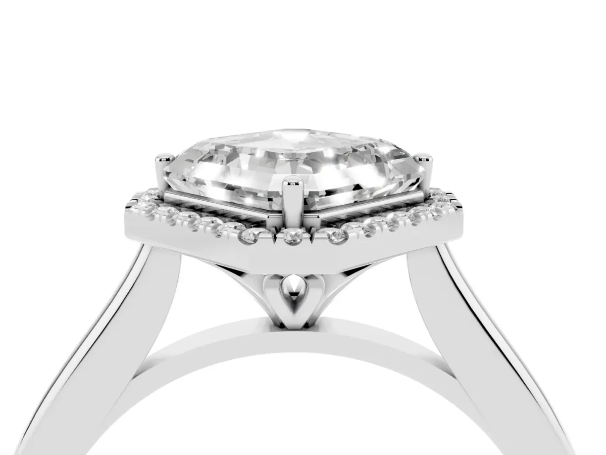 Asscher Cut Halo Round Diamond Solitaire Engagement Ring with Pave Band and Four-Prong Setting Platinum