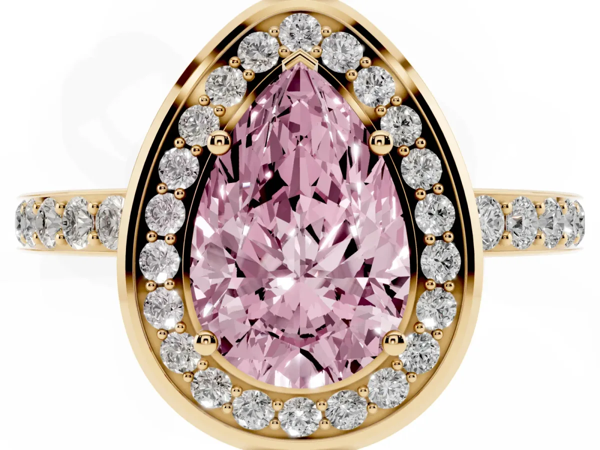 Fancy Pink Pear Cut Diamond Halo Ring with Bezel Frame and Pavé Band Yellow gold