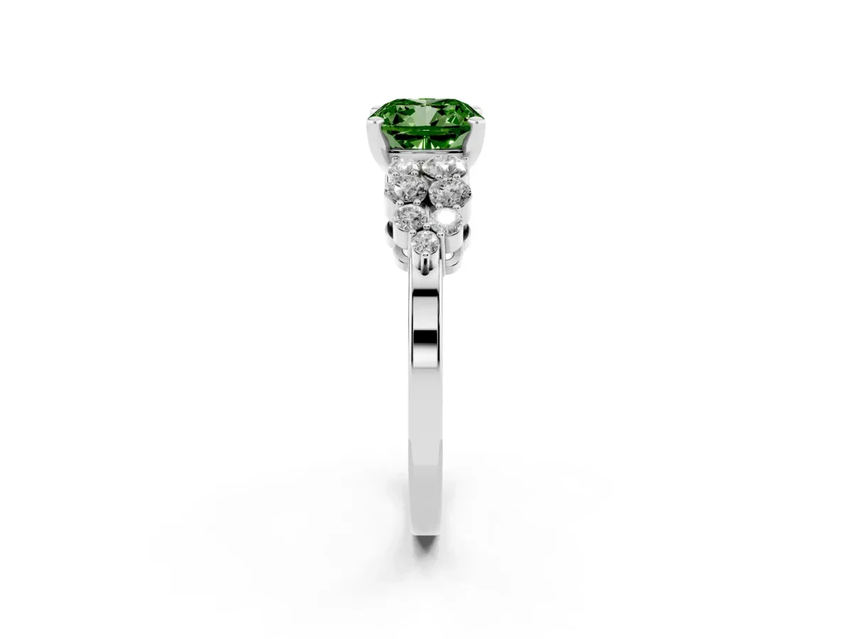 Fancy Green Cushion Cut Cluster Diamond Engagement Ring with Pavé Band and Four-Prong Setting Platinum