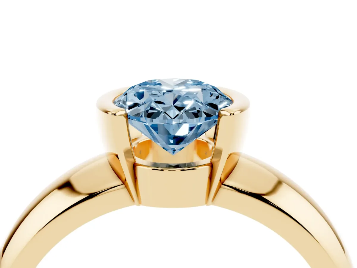 Fancy Blue Oval Cut Solitaire Tension Set Diamond Ring with Wide Band Yellow gold