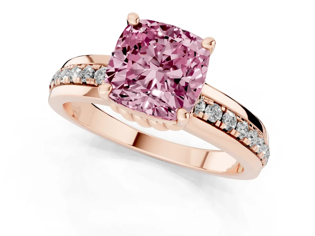 Fancy Pink Cushion Cut Solitaire Diamond Ring with Channel Set Band and Six-Prong Setting Rose gold