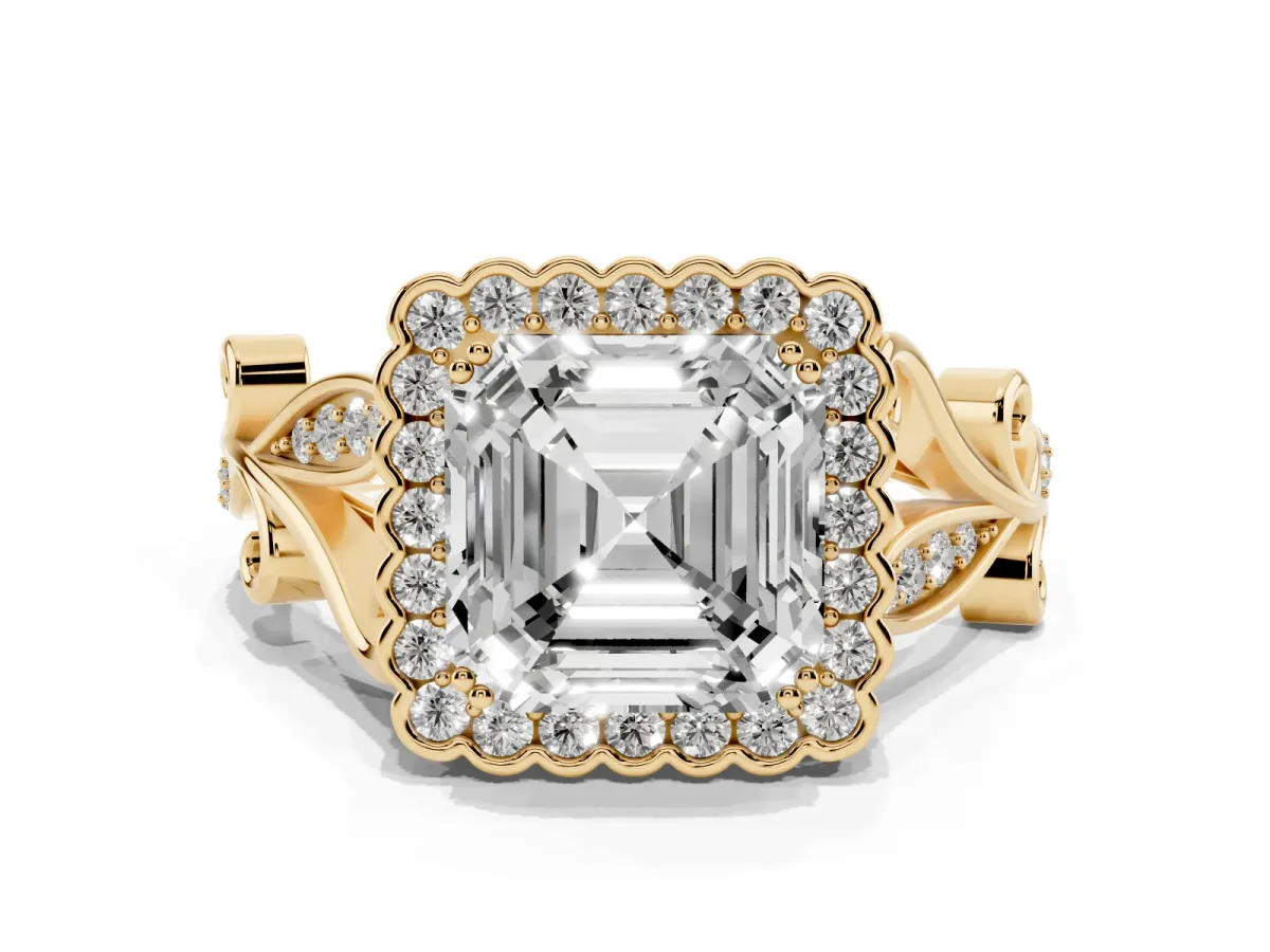 Asscher Cut Diamond Halo Ring with Vintage Split Shank and Four-Prong Setting Yellow gold