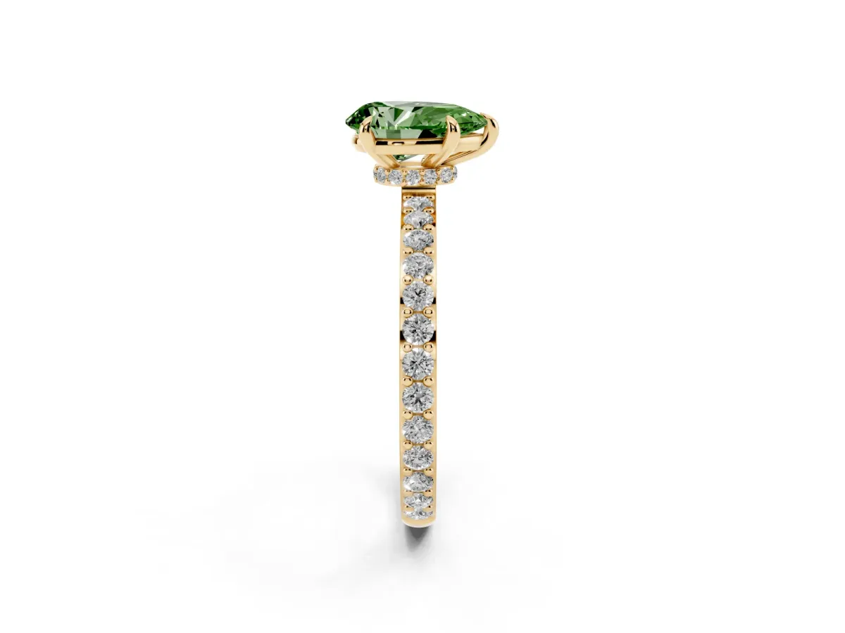 Fancy Green Pear Cut Diamond Pavé Engagement Ring with Round Accents and Prong Setting Yellow gold