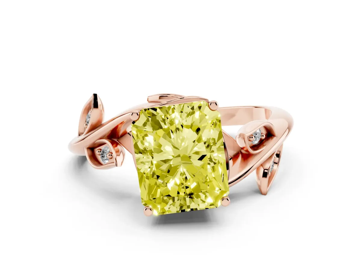 Fancy Yellow Radiant Cut Solitaire Twist Engagement Ring with Leaf Accents and Prong Setting Rose gold