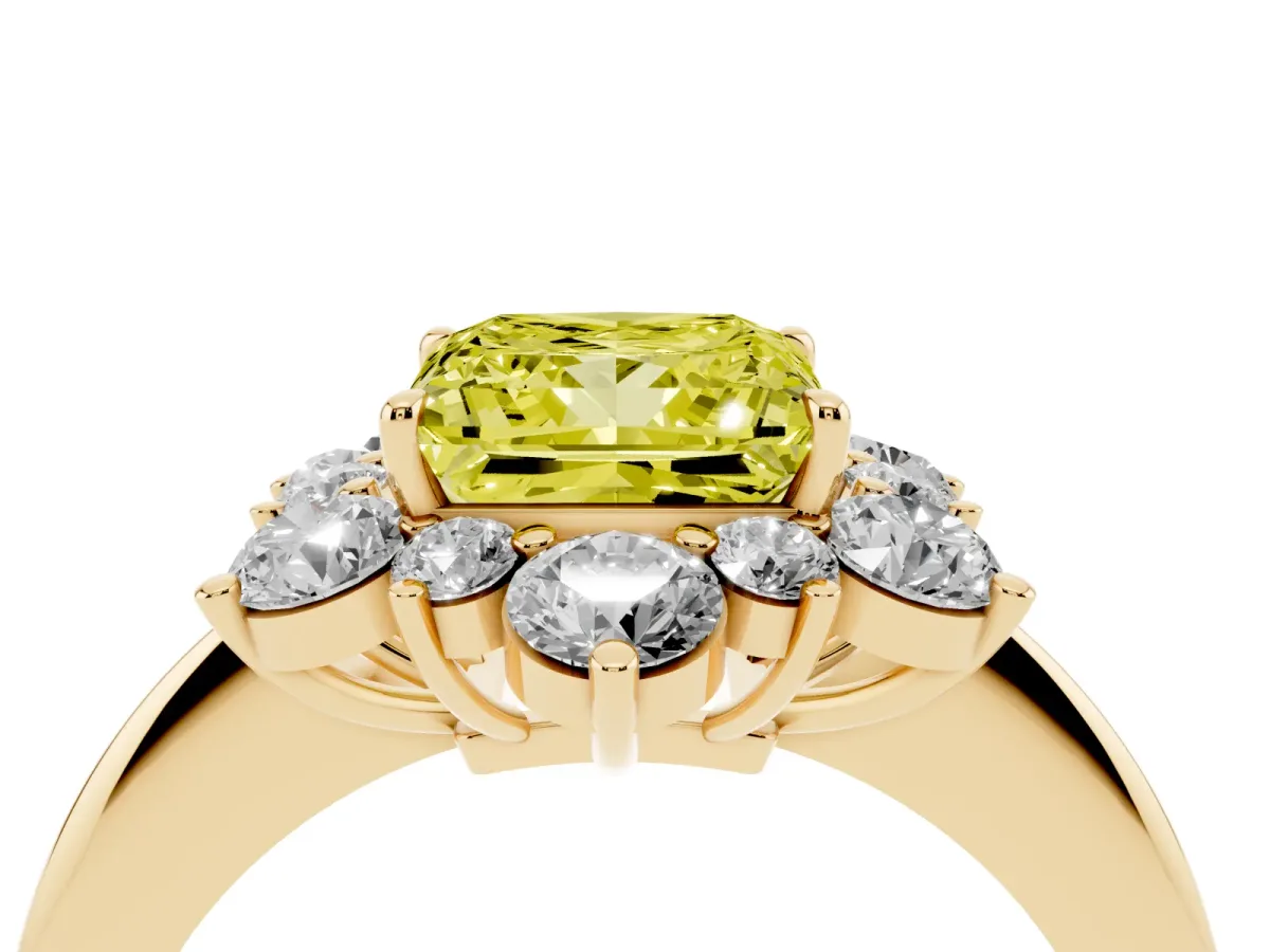 Fancy Yellow Princess Cut Diamond Cluster Halo Ring with Solitaire Band and Four-Prong Setting Yellow gold