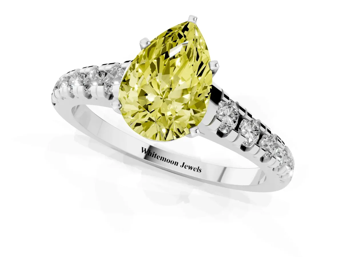 Fancy Yellow Pear Cut Diamond Cathedral Solitaire Ring with Round Pavé Band Silver