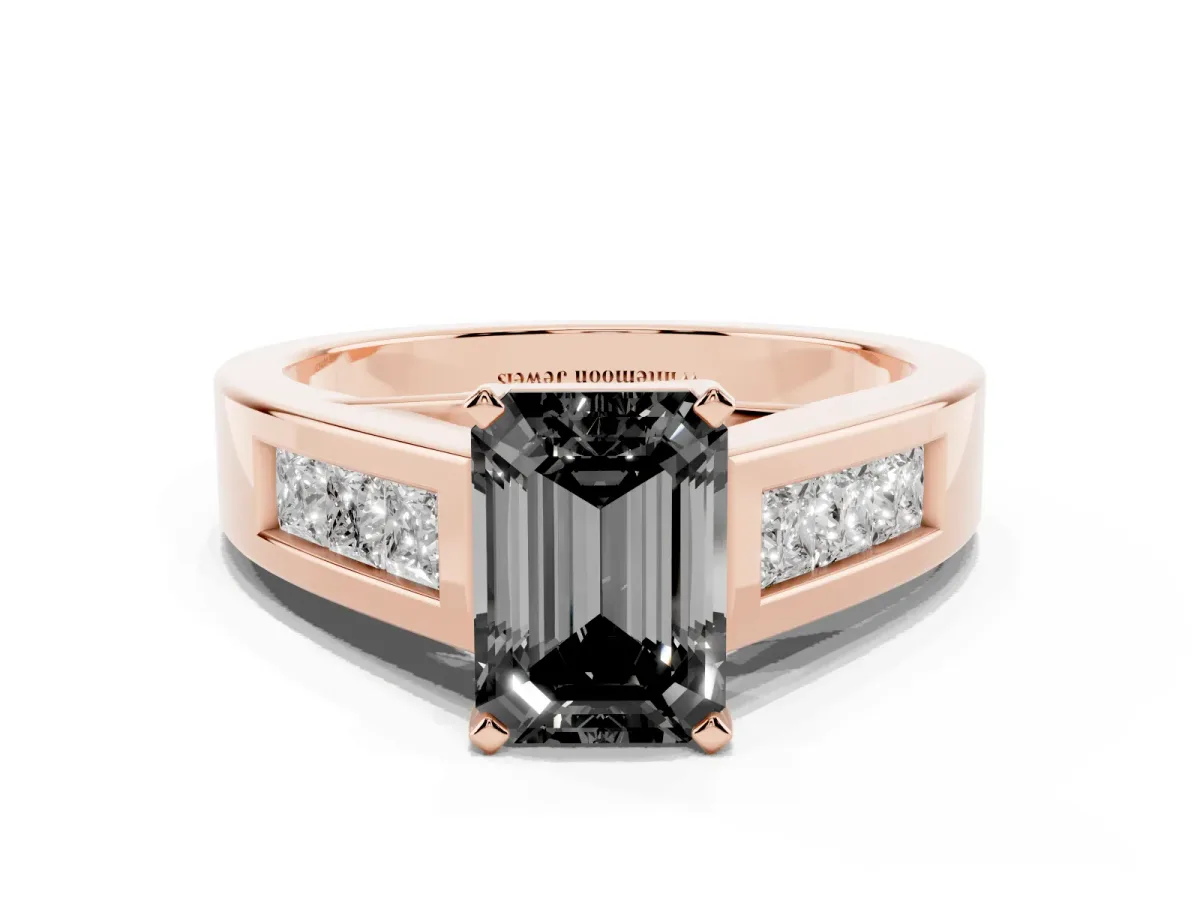 Fancy Black Emerald Cut Cut Channel Set Solitaire Ring with Four-Prong Setting Rose gold