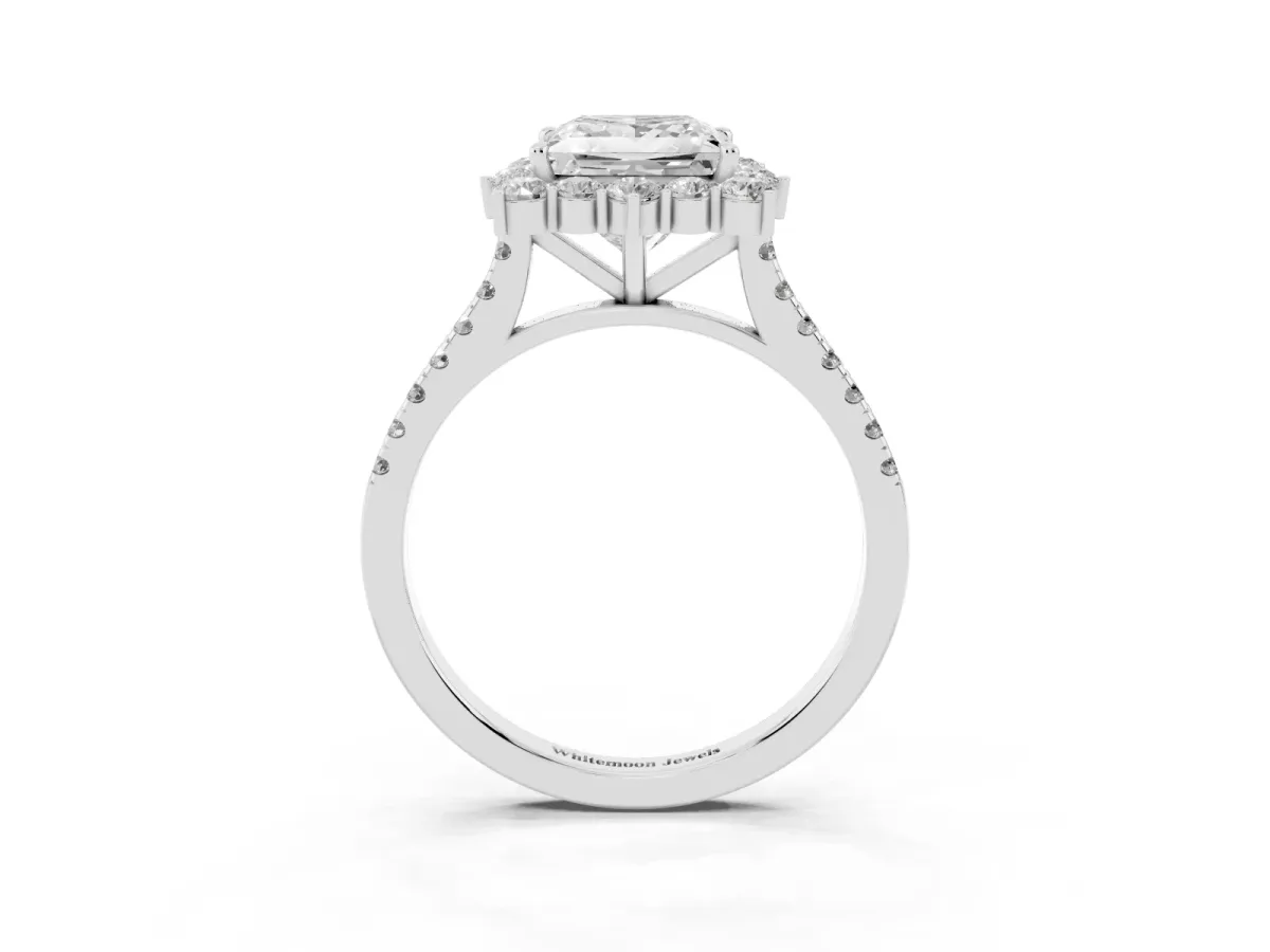Princess Cut Halo Diamond Ring with Pavé Band and Prong Setting Silver