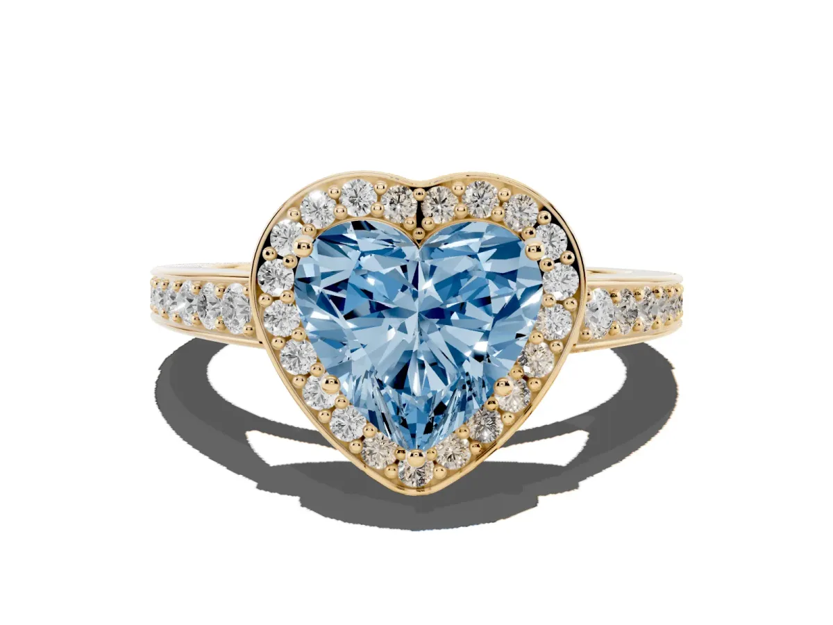 Fancy Blue Heart Cut Halo Pavé Diamond Engagement Ring with Bezel Setting Yellow gold