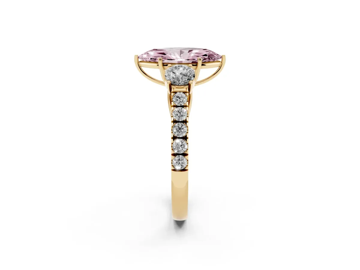 Fancy Pink Marquise Cut Cut Diamond Three-Stone Ring with Round Side Stones and Pavé Band Yellow gold