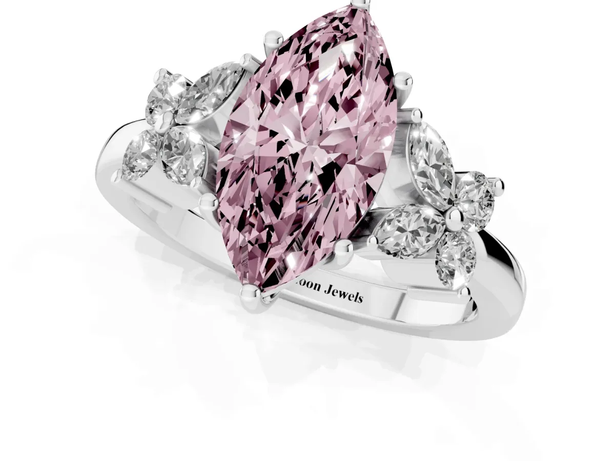 Fancy Pink Marquise Cut Diamond Floral Cluster Ring with Solitaire Band and Prong Setting Platinum