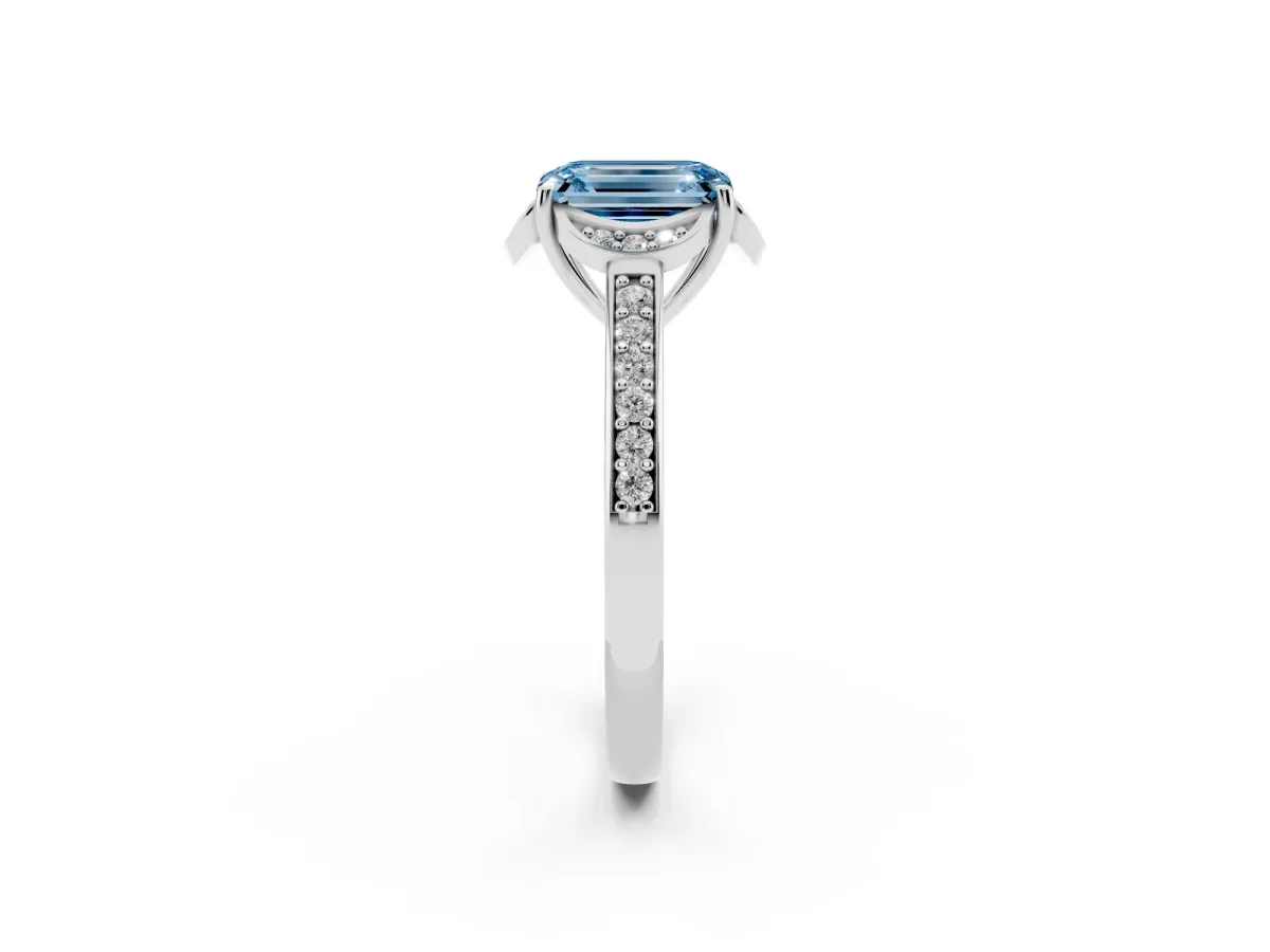 Fancy Blue Emerald Cut Cut Halo Diamond Ring with Channel Set Band and Four-Prong Setting Silver