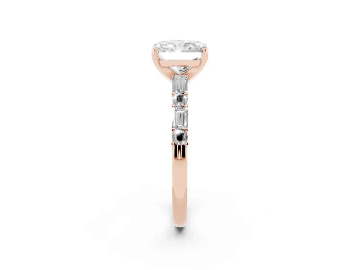 Radiant Cut Diamond Solitaire with Side Baguettes and Channel Set Band Rose gold