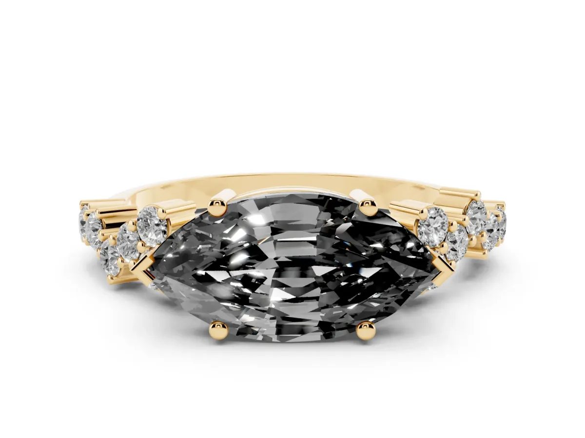 Fancy Black Marquise Cut Diamond Scattered Round Accent Ring with Prong Setting Yellow gold