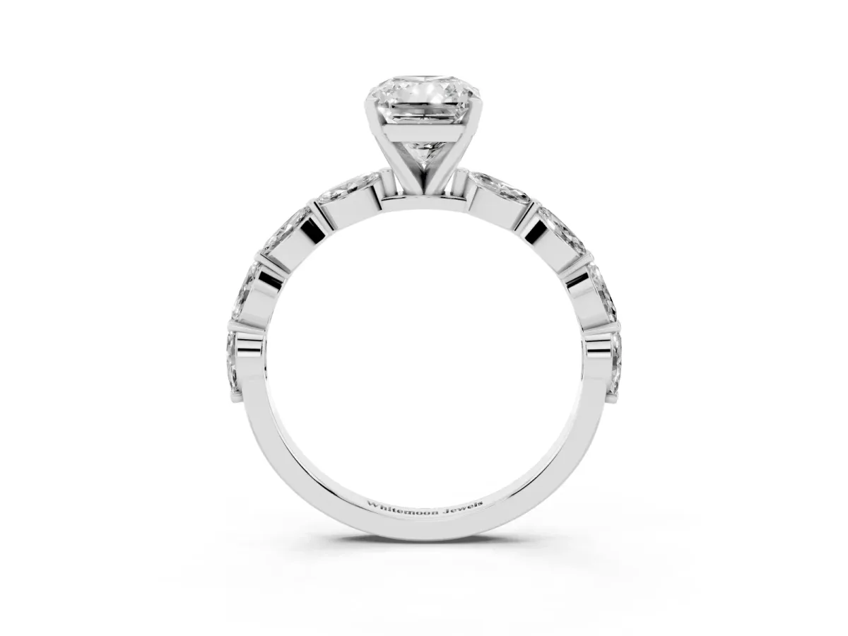 Radiant Cut Diamond Ring with Marquise Side Stones and Prong Setting Platinum