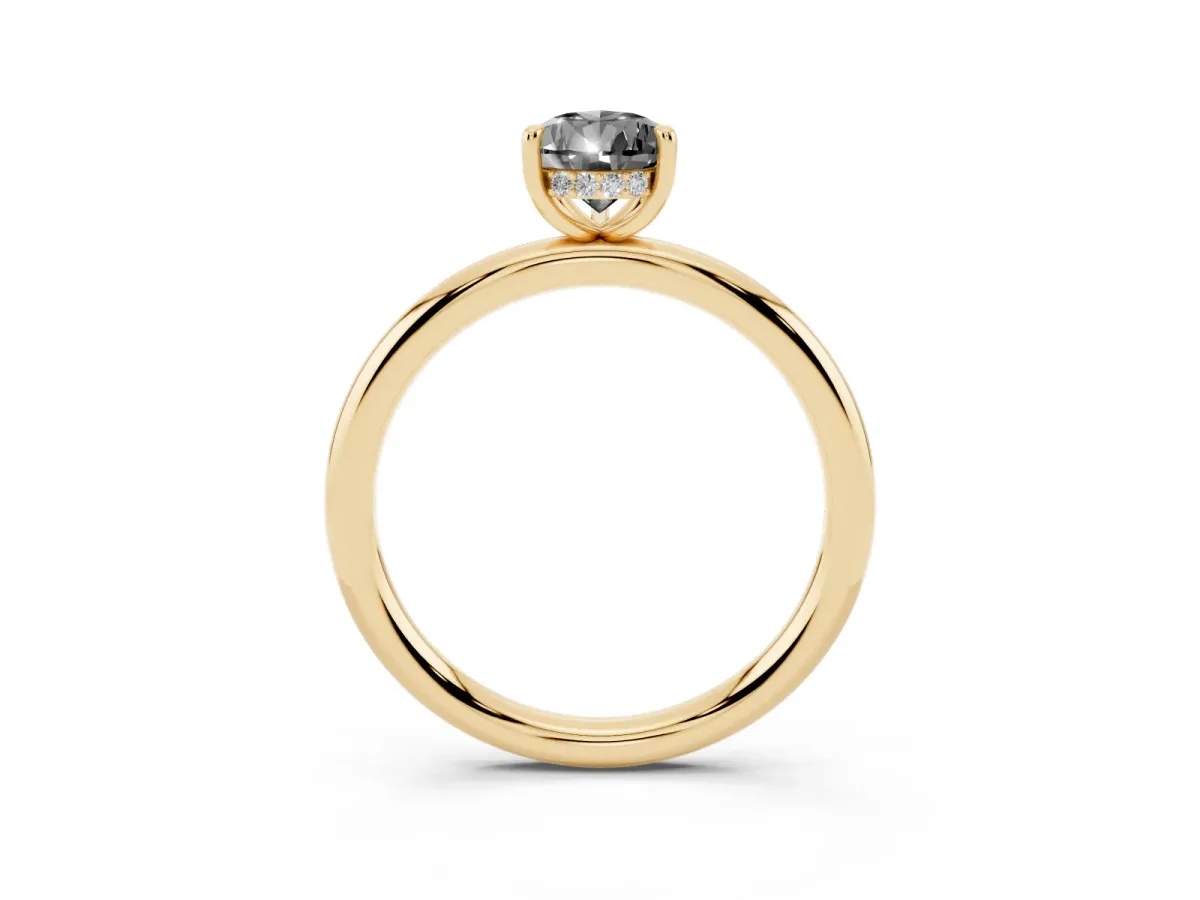 Fancy Black Pear Cut Diamond Solitaire Ring with Thin Band and Four-Prong Setting Yellow gold