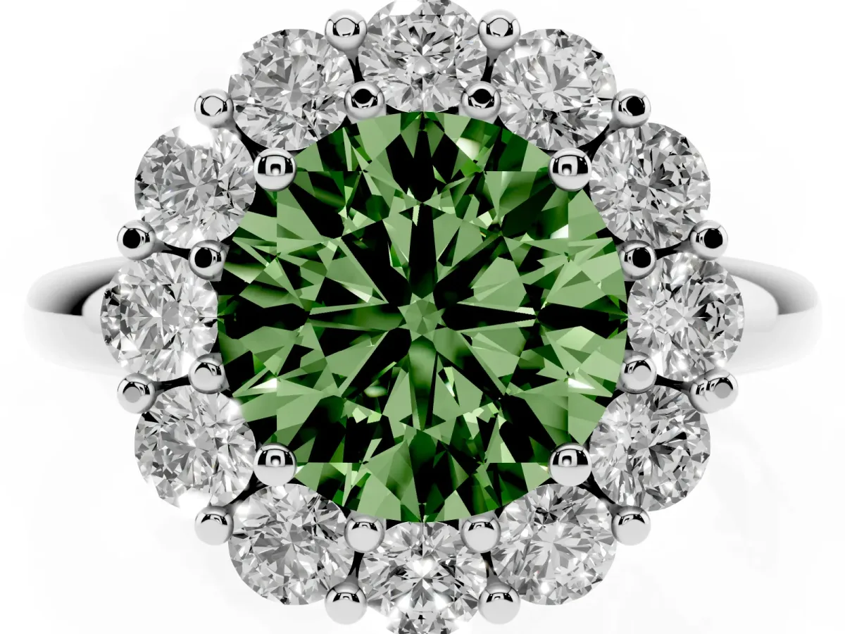 Fancy Green Round Cut Halo Cluster Diamond Engagement Ring with Prong Setting and Polished Band Silver