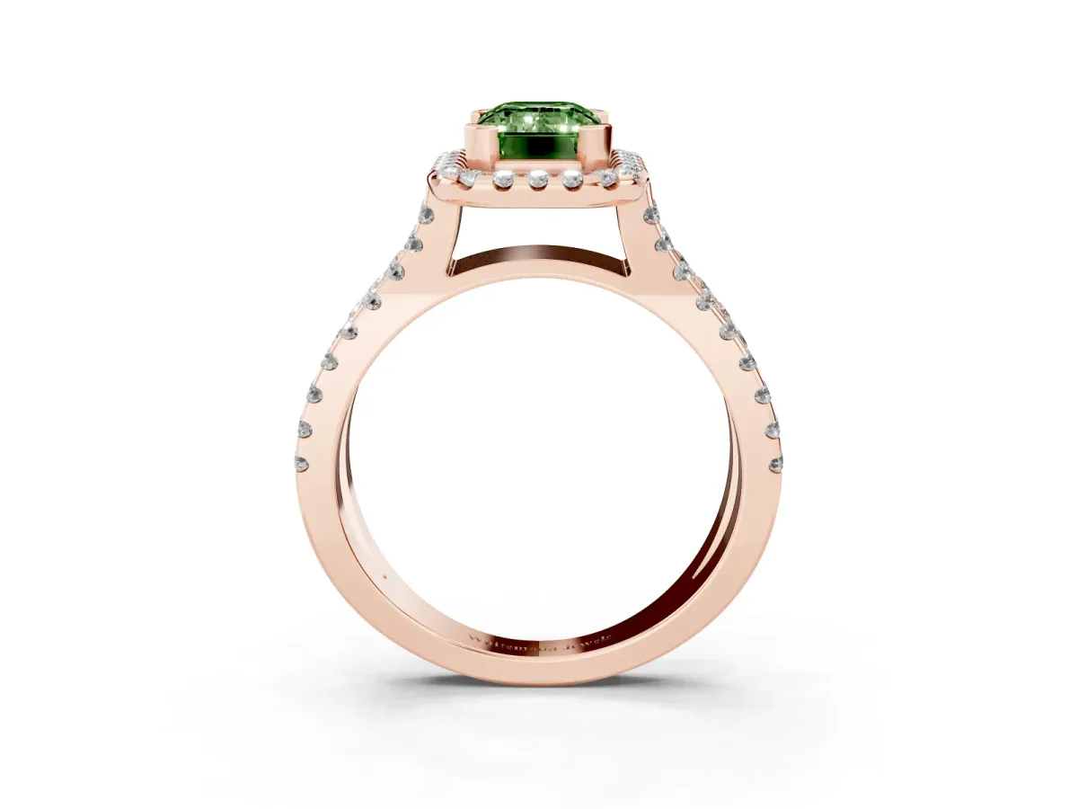 Fancy Green Emerald Cut Diamond Halo Ring with Split Shank Pavé Band and Prong Setting Rose gold