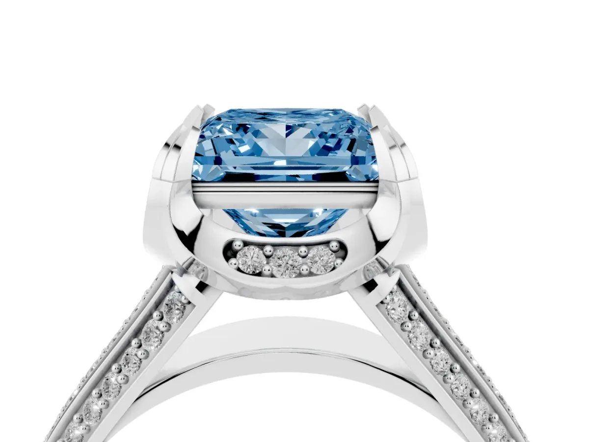 Fancy Blue Princess Cut Solitaire Pave Split Shank Ring with Four-Prong Setting White gold