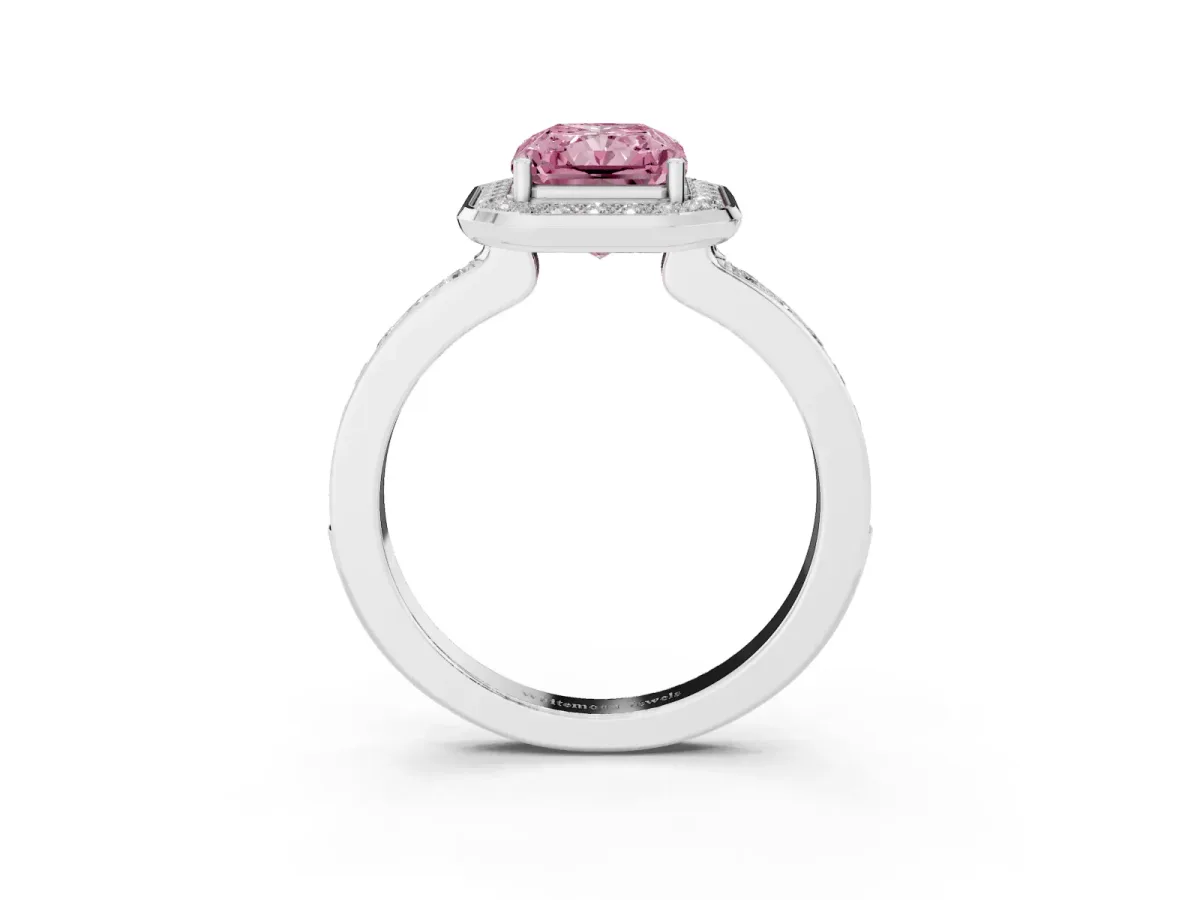 Fancy Pink Radiant Cut Diamond Halo Ring with Bezel Frame and Pavé Band Silver