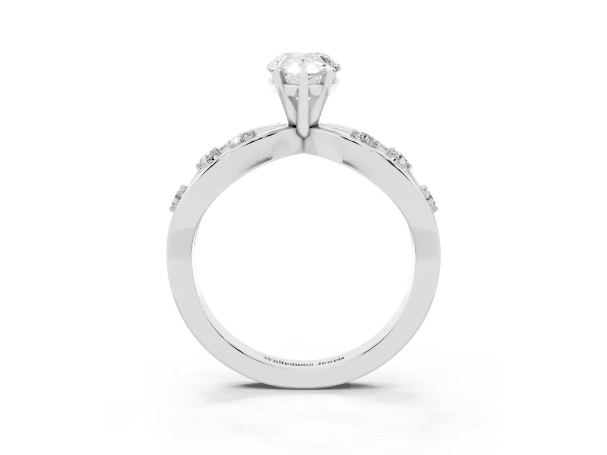 Pear Cut Cut Solitaire Diamond with Side Stones on Criss-Cross Band and Four-Prong Setting Silver